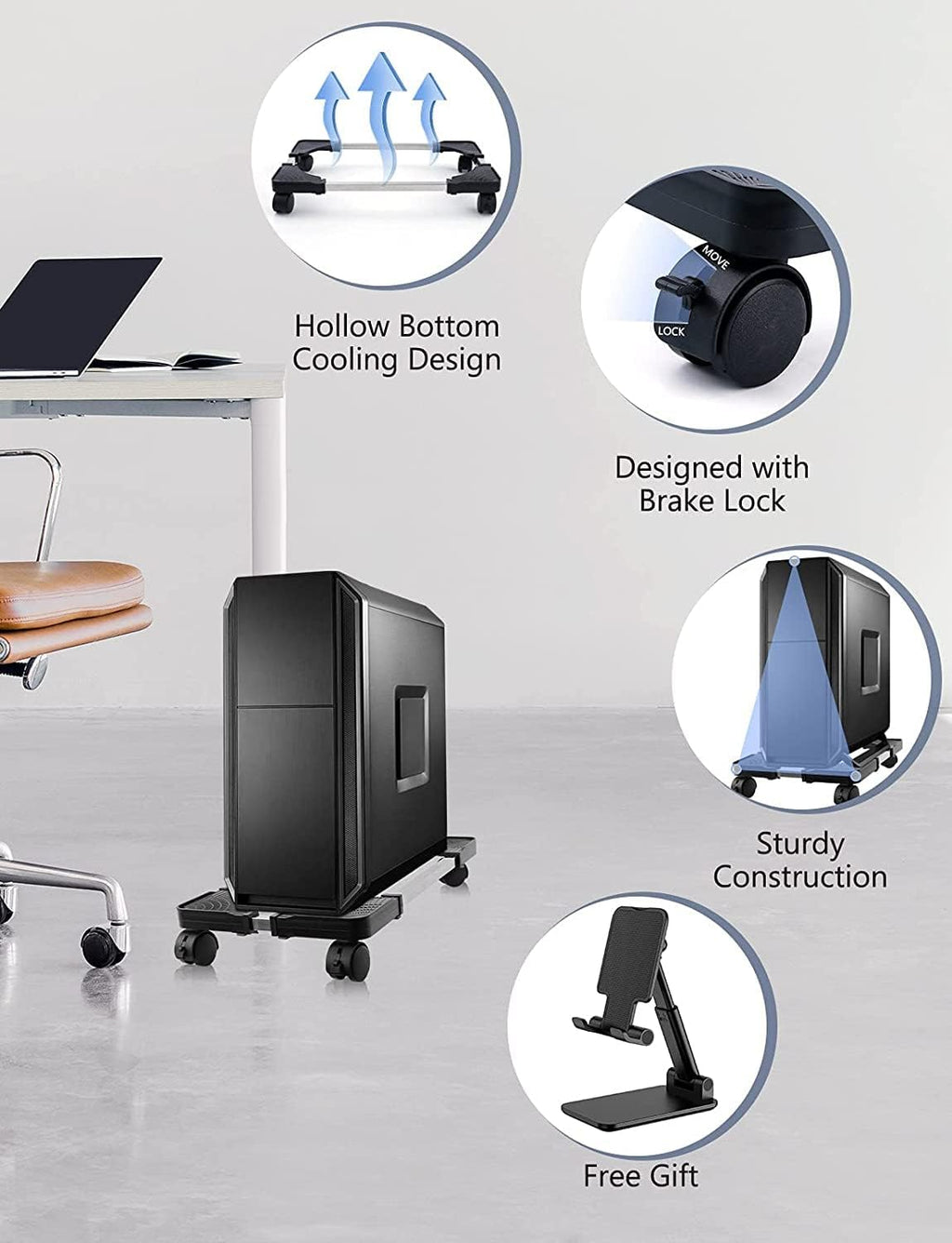 Computer Tower Stand, PC Stand, Adjustable Mobile CPU Stand with Rolling Wheels, PC Tower Stand for Floor Carpet Gaming PC Case, PC Riser for Gamers and Students