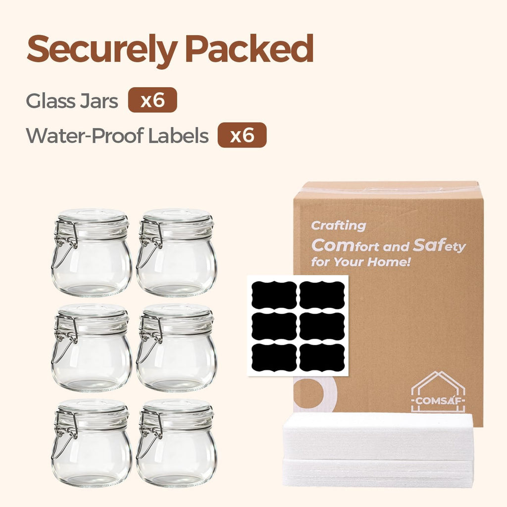 Airtight Glass Jars with Lids 17Oz Small Food Storage Container Set of 6 - Airtight Canister with Clear Preserving Seal Wire Clip Fastening for Kitchen Canning Pickling Mason Jars